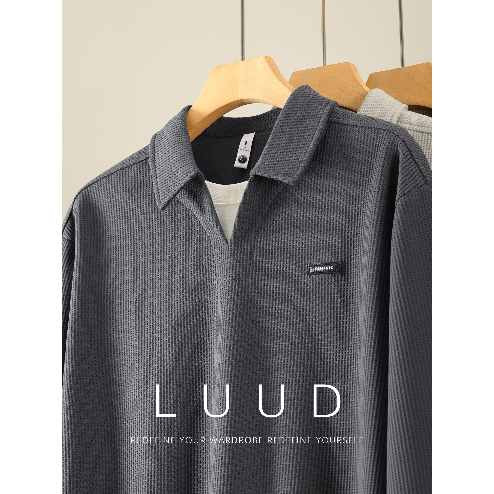LUUD 小皮标华夫格肌理感假两件卫衣男都市通勤拼接领口极简上衣