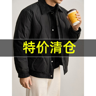 特价 层次感假两件毛呢拼接85白鸭绒羽绒服男冬菱形压纹夹克外套