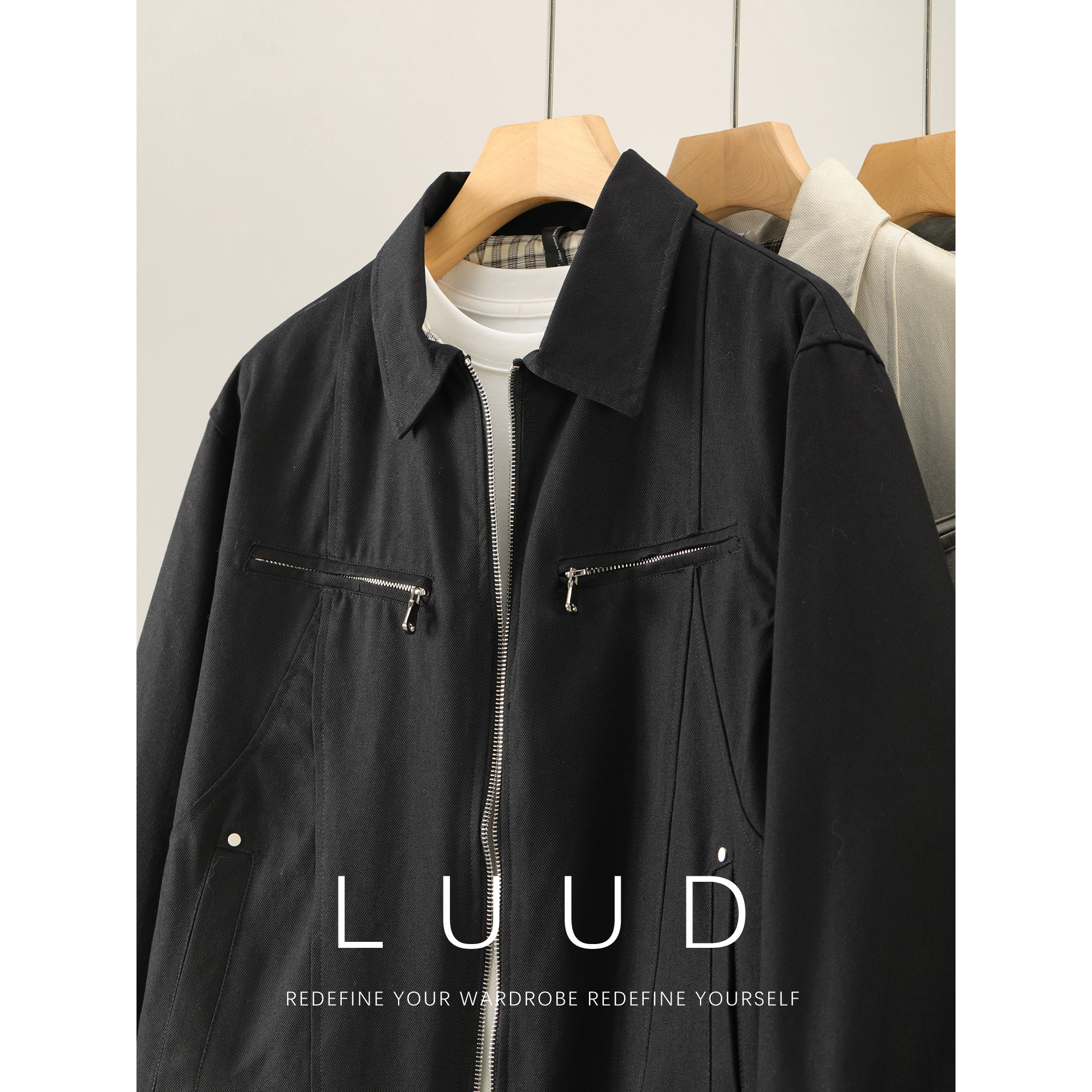 LUUD 100%纯棉哈灵顿工装口袋拉链外套男装格纹拼接设计短款夹克,男装,夹克,淘宝优惠券,粉丝福利购,淘宝优惠卷