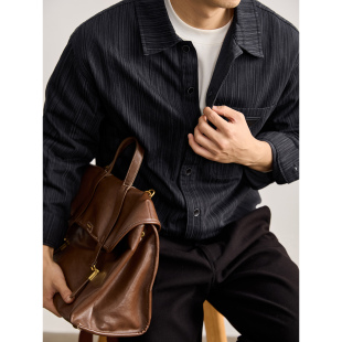 翻领衬衫 饰重磅长袖 男日系复古竖纹肌理春秋薄外套 三角形装 LUUD