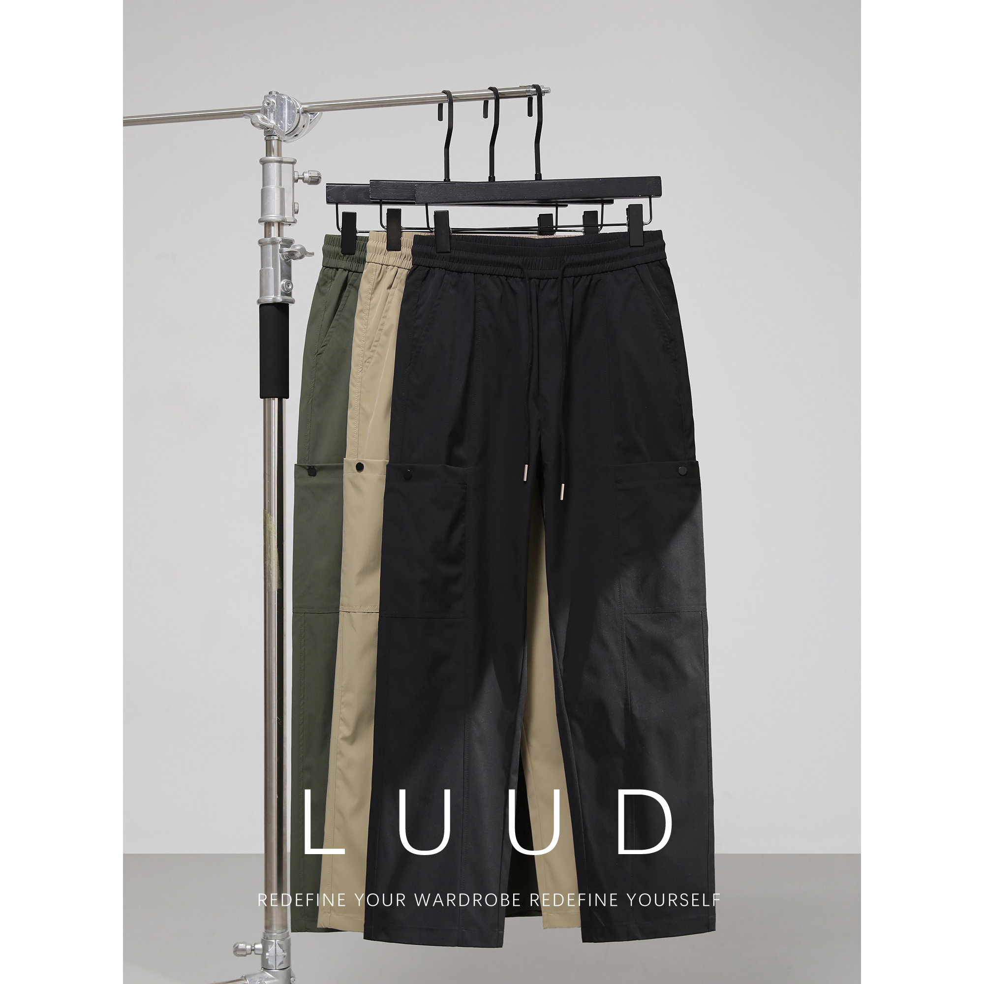 LUUD  潮牌宽松休闲立体剪裁工装裤男士多口袋高密竖纹布直筒长裤