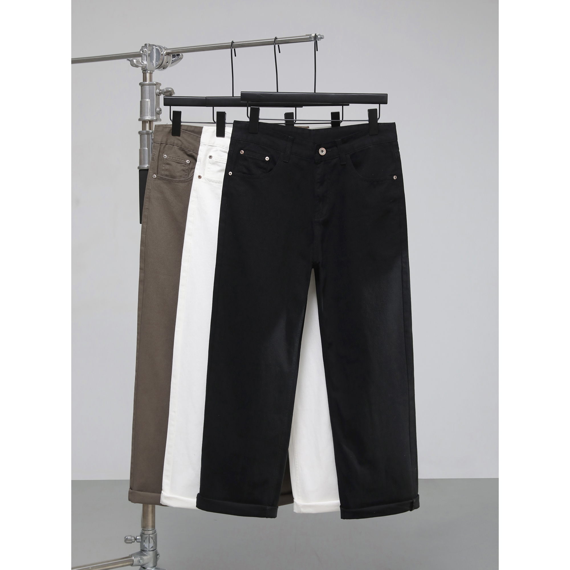 LUUD 细斜纹水洗休闲裤男黑白色100纯棉阔腿直筒立体裁剪牛仔长裤