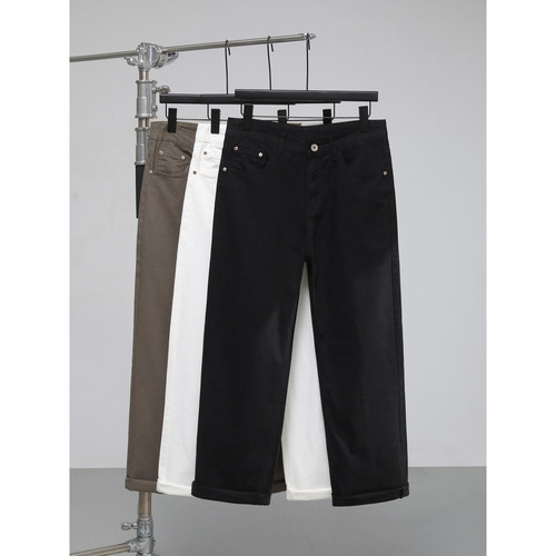 LUUD 细斜纹水洗休闲裤男黑白色100纯棉阔腿直筒立体裁剪牛仔长裤