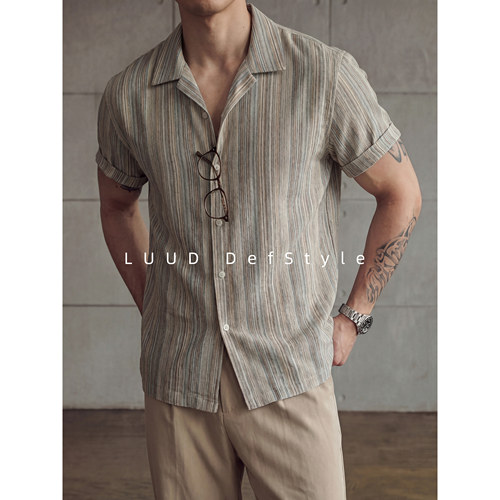 LUUD 100%纯棉色织彩条工艺短袖衬衣男复古松弛感古巴领单穿衬衫