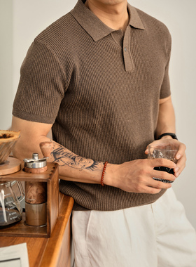 LUUD 老钱轻熟风夏季凉感坑条肌理感针织POLO衫男士半拉链翻领T恤