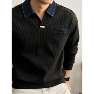 卫衣华夫格肌理休闲长袖 潮奢撞色牛仔布翻领POLO衫 男秋 时尚 LUUD