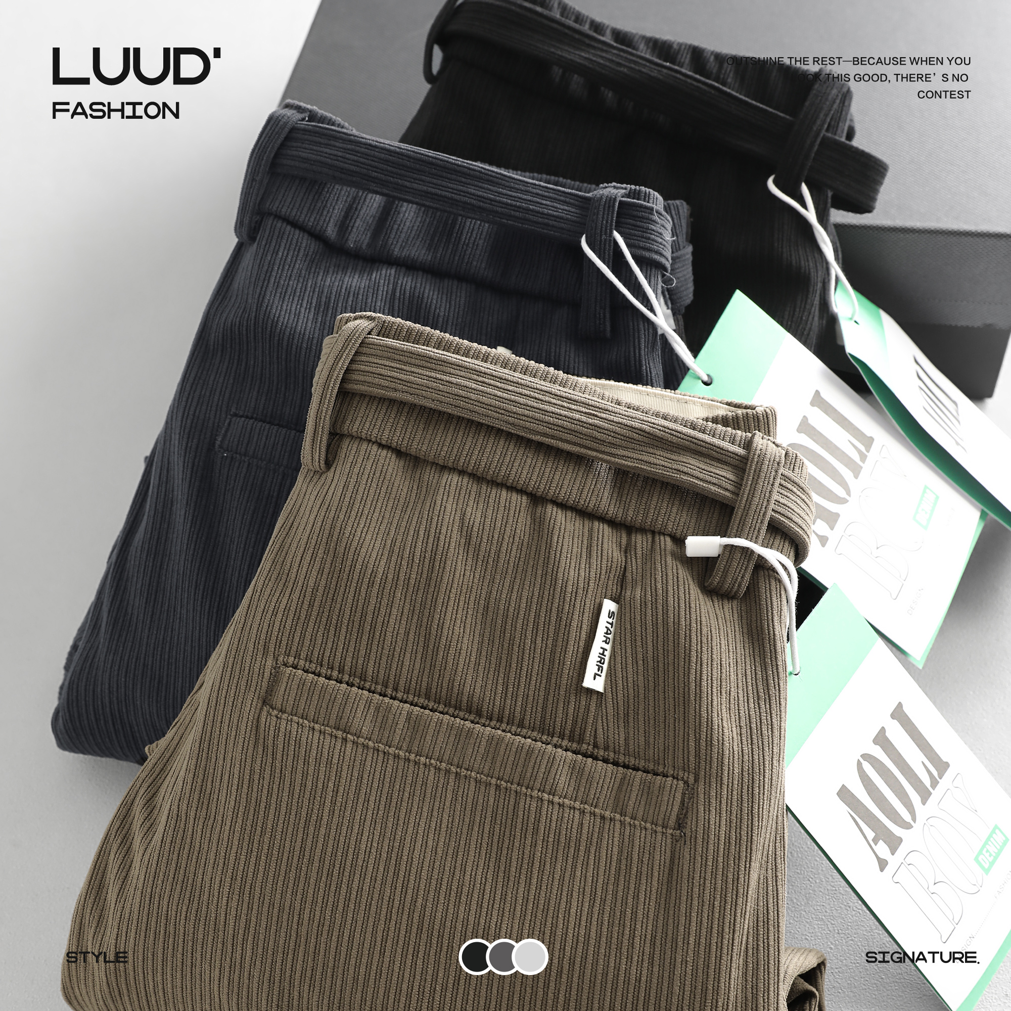 LUUD 坑条纹理灯芯绒裤男冬季运动风保暖休闲裤腰带款小脚锥形裤