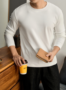 LUUD 日常款白色圆领内搭T恤衫男士发热磨毛德绒修身长袖打底衫冬
