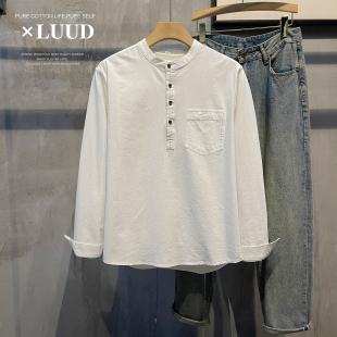 新款 LUUD 亨利领春季 长袖 单穿气质上衣男 纯色全棉文艺风日系衬衫