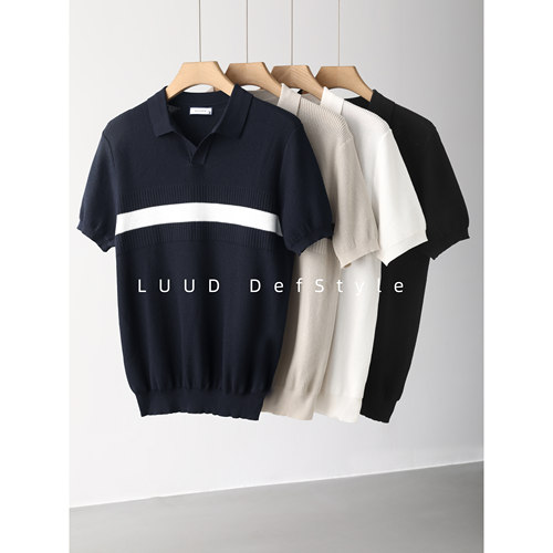 LUUD 高级韩版透气修身短袖POLO衫男士撞色横条纹提花肌理针织T恤
