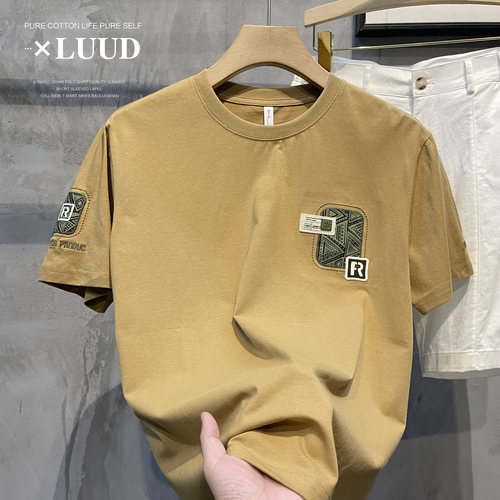 LUUD 2026新品爆款男士字母R刺绣短袖上衣潮流百搭圆领修身体恤衫