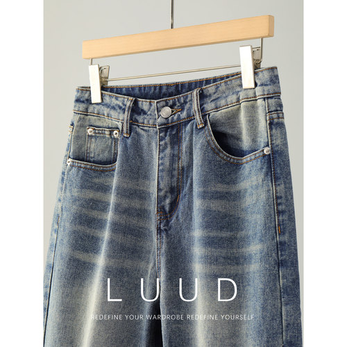 LUUD 时尚潮流水洗丹宁牛仔裤男士渐变磨白做旧纹理休闲直筒长裤