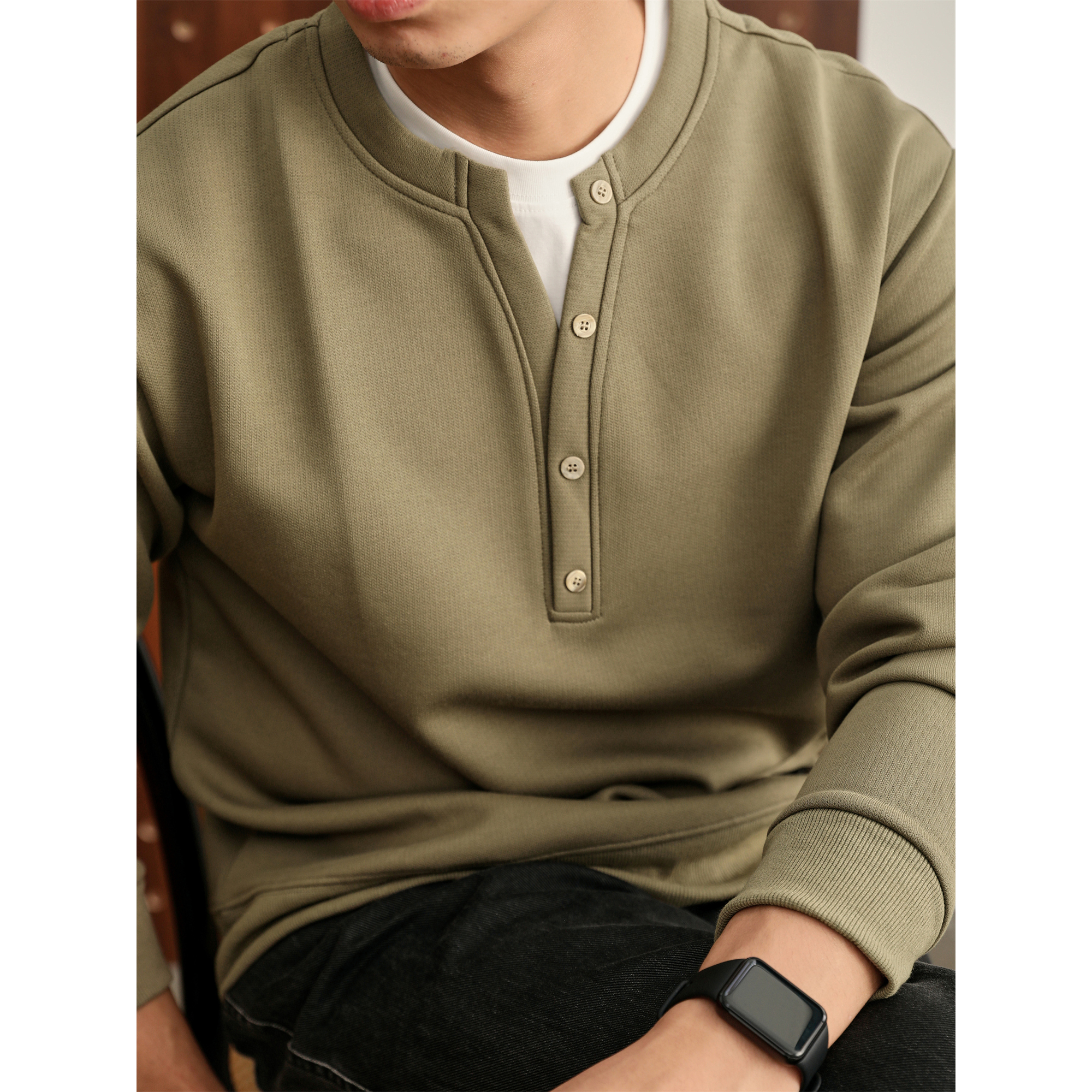 LUUD 秋季男士撞色假两件双层领上衣T恤时尚极简纽扣装饰长袖卫衣