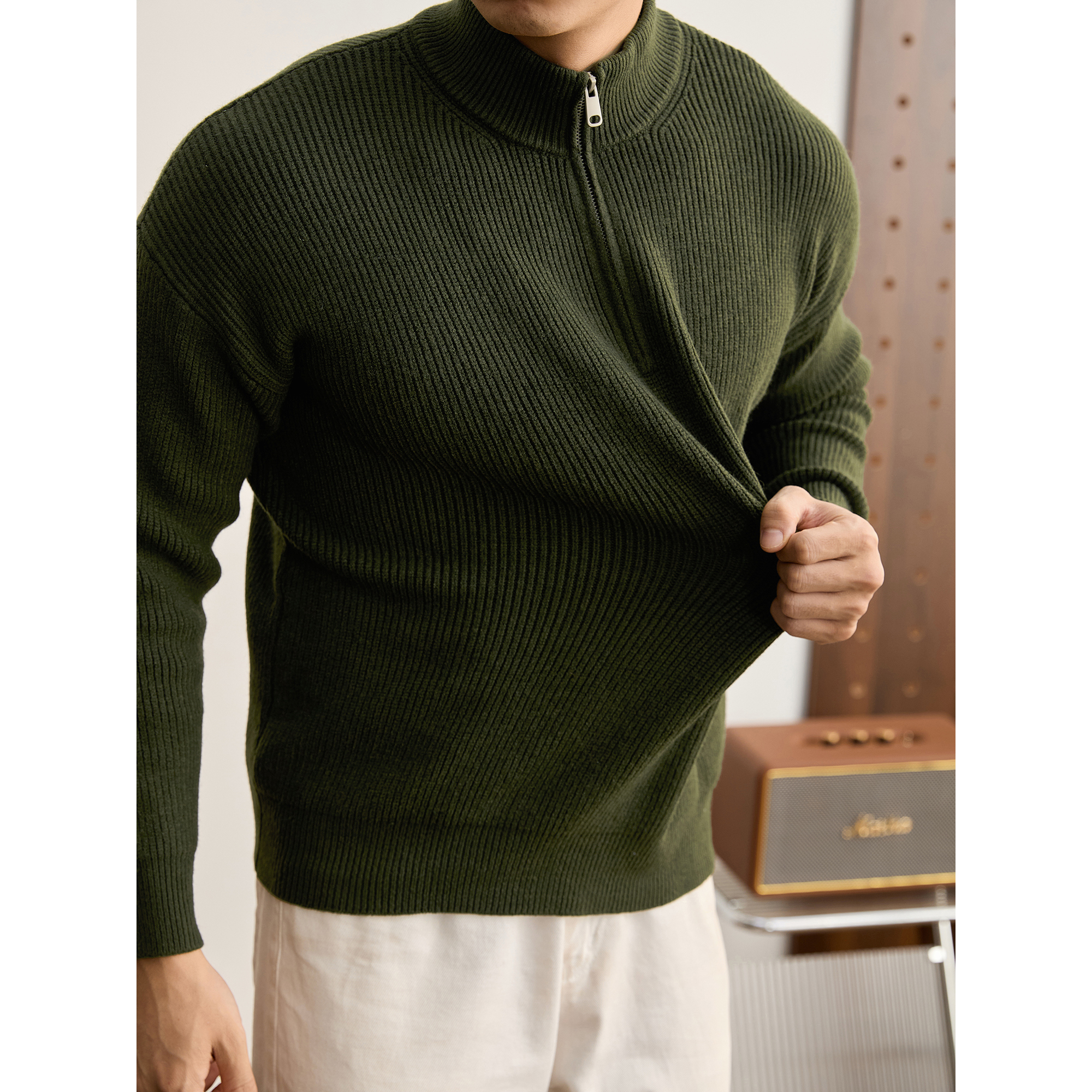LUUD 拉链半开襟立领男士毛衣秋冬季重磅710g保暖纯色百搭针织衫