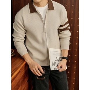 针织外套男坑条撞色拉链开衫 潮流天丝莱赛尔三条杠修身 美式 LUUD