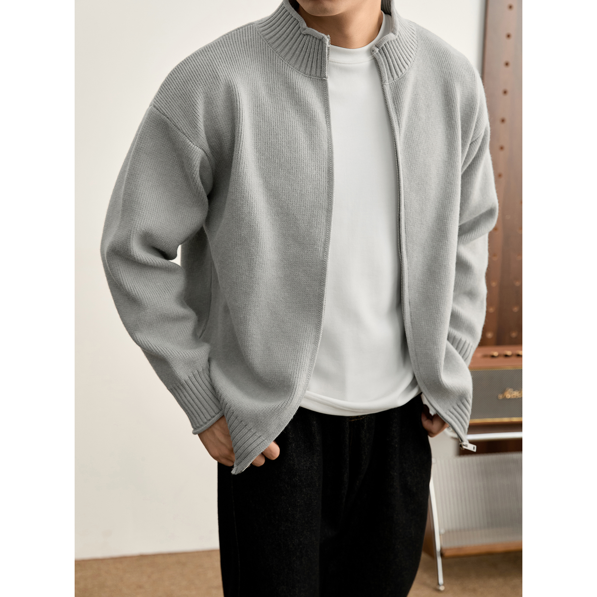 LUUD 温雅绅士男士净色针织开衫冬季松弛感重磅930g立领毛衣外套