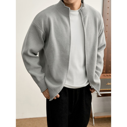 LUUD 温雅绅士男士净色针织开衫冬季松弛感重磅930g立领毛衣外套