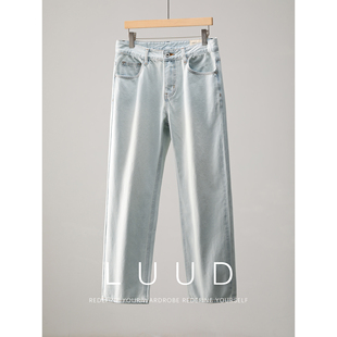 斜纹肌理磨白做旧直筒长裤 男士 极简百搭水洗棉浅蓝色牛仔裤 LUUD