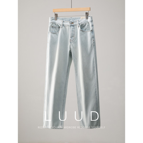 LUUD 极简百搭水洗棉浅蓝色牛仔裤男士斜纹肌理磨白做旧直筒长裤