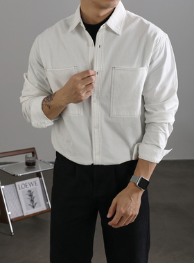 LUUD 新款长袖衬衫男士高级感翻领白色衬衣纯棉休闲工装叠穿外套