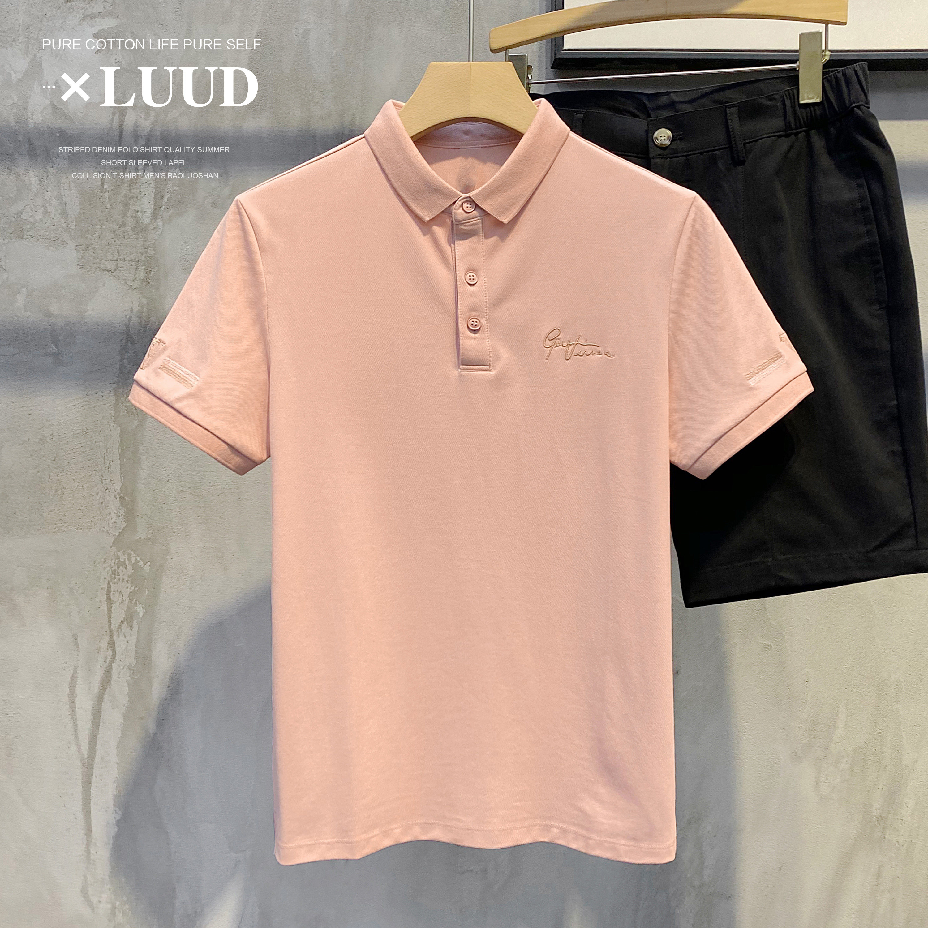 LUUD HANDSOME ART SIGN EMBROIDERY MENS POLO PAUL TOP FASHION SIMPLE SHORT SLEEVE SLIM SHORT SLEEVE SHIRT TREND