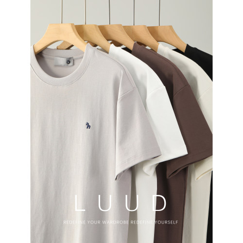 LUUD 男夏季小马刺绣点缀圆领T恤亲肤丝滑天丝原宿水洗棉短袖上衣