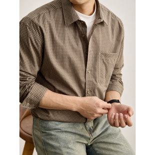 男春舒适透气休闲风衬衣外套 衬衫 LUUD 100%纯棉复古格纹翻领长袖