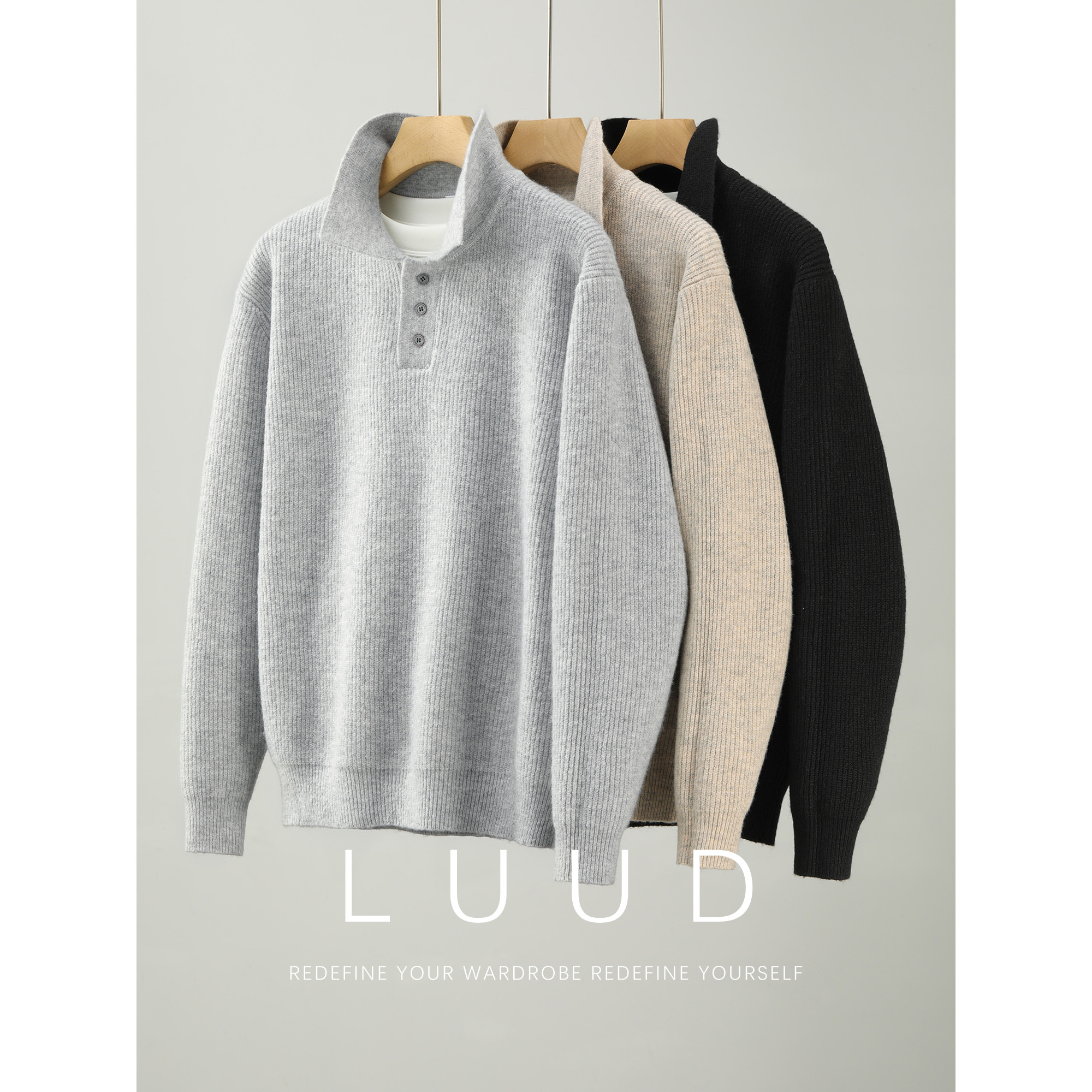 LUUD 舒适松弛感休闲针织衫男士坑条肌理感百搭POLO翻领长袖毛衣