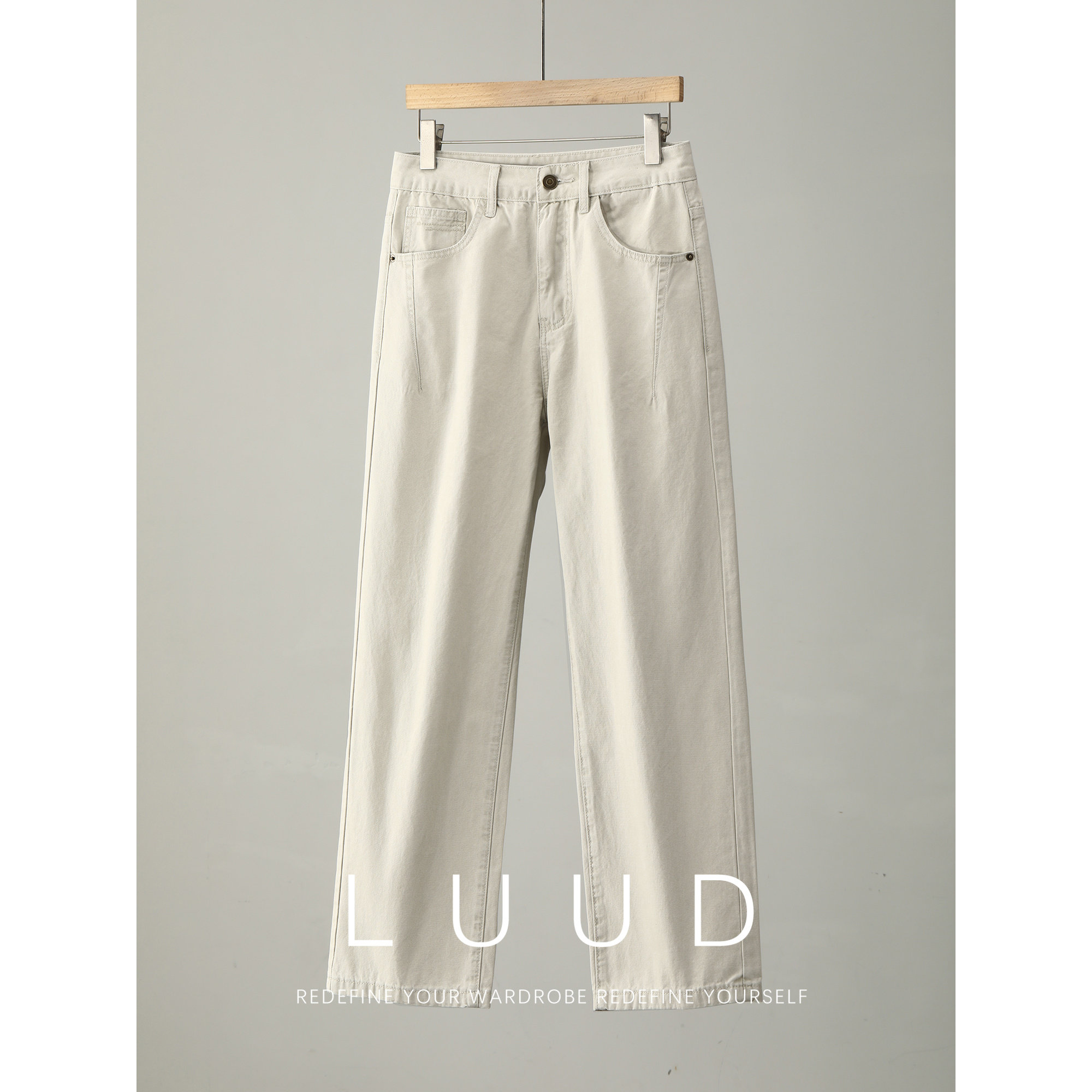 LUUD 100%纯棉蜂巢肌理感水洗白牛直筒长裤男立体裁剪刺绣牛仔裤