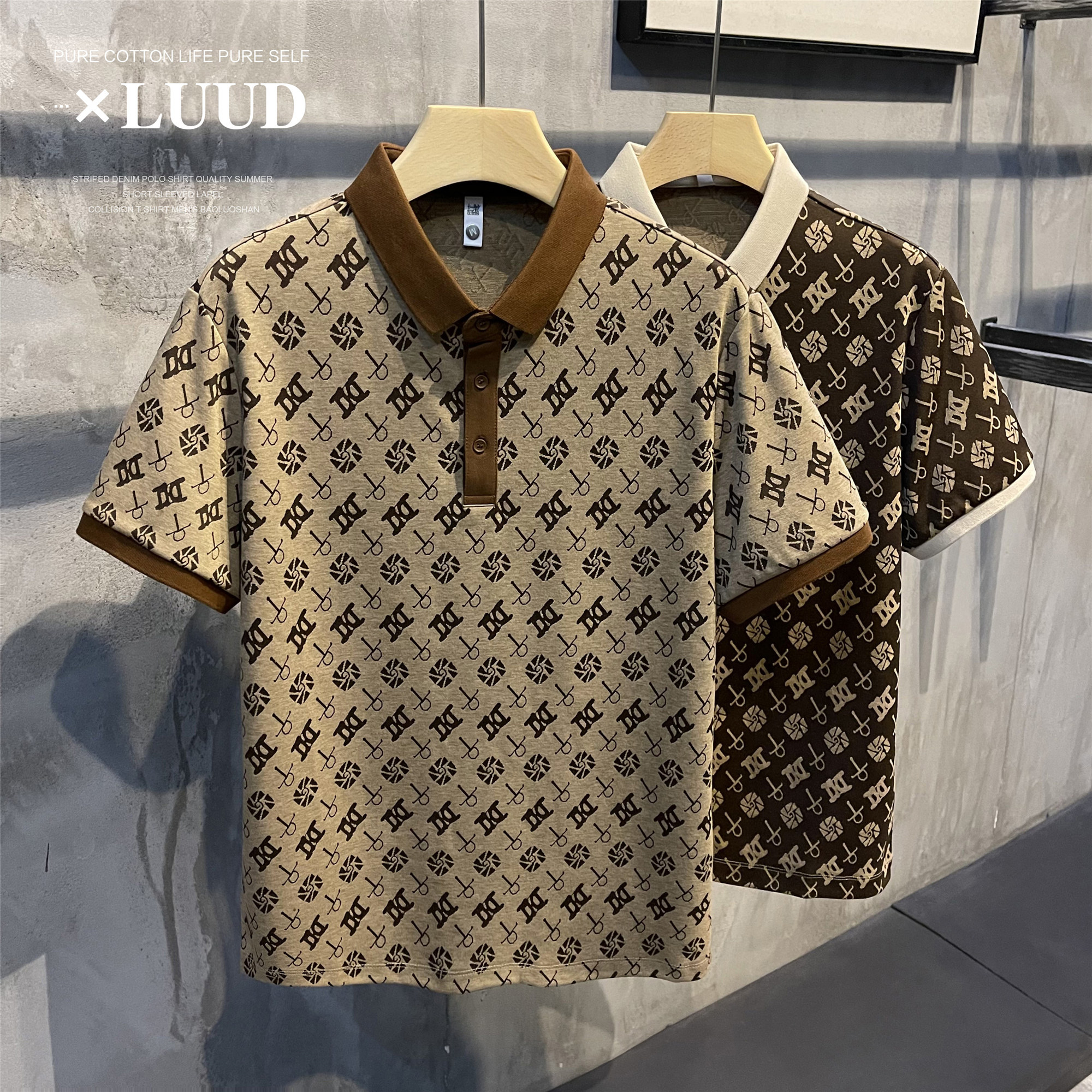 LUUD MENS OLD MONEY STYLE RETRO PATTERN ALL-OVER PAUL SHIRT BRITISH TEMPERAMENT SHORT SLEEVE LAPEL POLO TOP SUMMER
