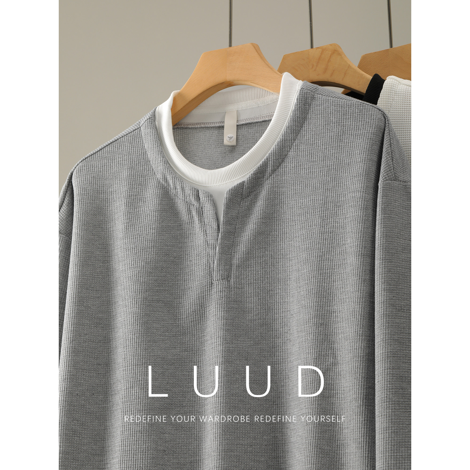 LUUD 拼接双层领口假两件针织卫衣男士极简华夫格肌理感套头上衣,男装,针织衫/毛衣,淘宝优惠券,粉丝福利购,淘宝优惠卷