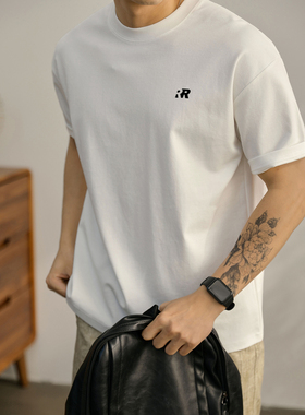 LUUD 潮流新款英文小压胶短袖T恤男士夏季亲肤棉落肩白色体恤上衣