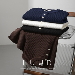 上衣 LUUD 亨利领针织短袖 T恤男夏季 轻熟风高级感体恤波浪提花修身