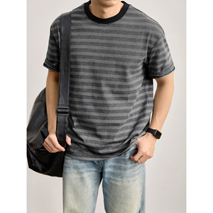 舒适透气上衣T恤 男夏季 LUUD 日系复古撞色条纹休闲风圆领针织短袖