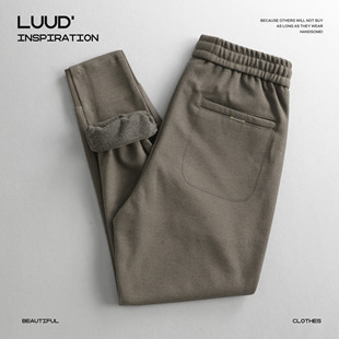 LUUD 保暖毛呢裤男士冬季抗皱加厚抽绳束脚裤内里磨毛松紧腰长裤