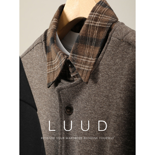 LUUD 拼接双领撞色100%纯棉内里格纹衬衫老钱风假两件针织外套男