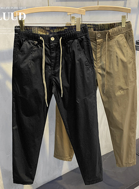 LUUD 夏季款透气系带休闲裤男士帅气修身松紧腰长裤潮流工装裤子