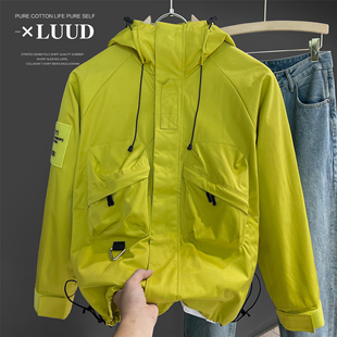 LUUD 连帽多口袋夹克外套抽绳荧光绿上衣户外复古防风潮男冲锋衣
