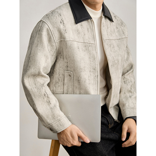 LUUD 水洗仿旧印染纹理毛呢外套男羊毛混纺撞色PU软皮拼接领夹克