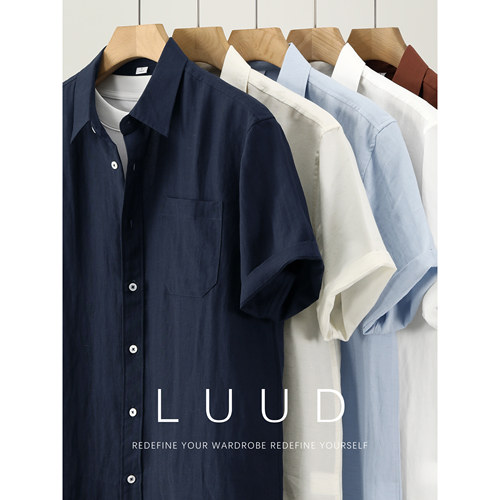 LUUD 透气清爽垂坠感细腻短袖衬衫天丝莱赛尔棉麻混纺翻领衬衣
