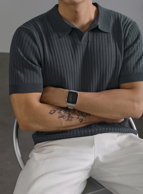 LUUD 都市感深灰色针织POLO衫男轻熟休闲通勤基础半开翻领保罗T恤