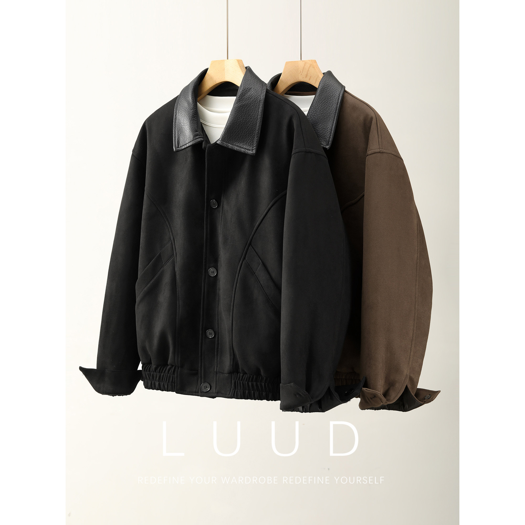 LUUD 85白鸭绒PU皮翻领男士羽绒服外套冬季麂皮绒短宽款机车夹克