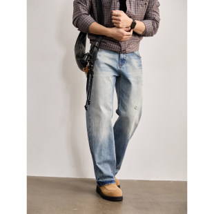 男装 LUUD 水洗渐变老钱风休闲长裤 街头感手工刮破直筒牛仔裤 时尚