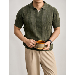 T恤衫 男夏亚麻莱赛尔休闲短袖 花军绿透气镂空提花翻领POLO衫 LUUD