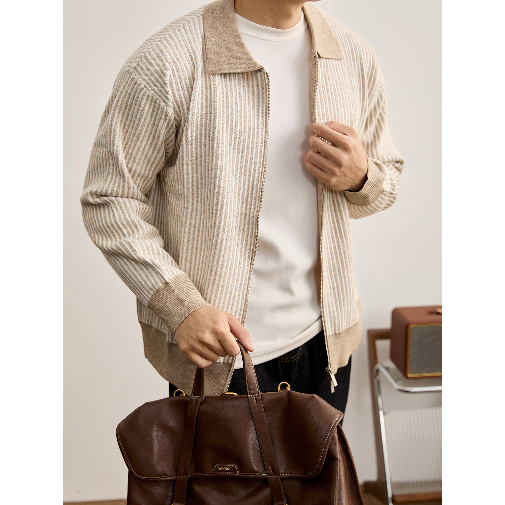 LUUD 竖条纹肌理感撞色翻领针织开衫男士秋冬舒适亲肤双拉链毛衣