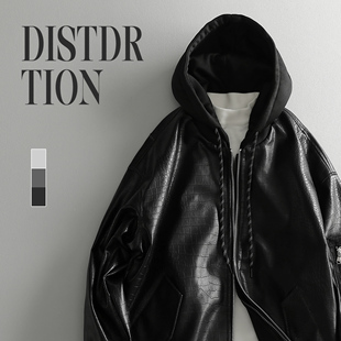 LUUD 鳄鱼纹理感设计假两件皮衣外套男潮牌短款PU皮痞帅连帽夹克