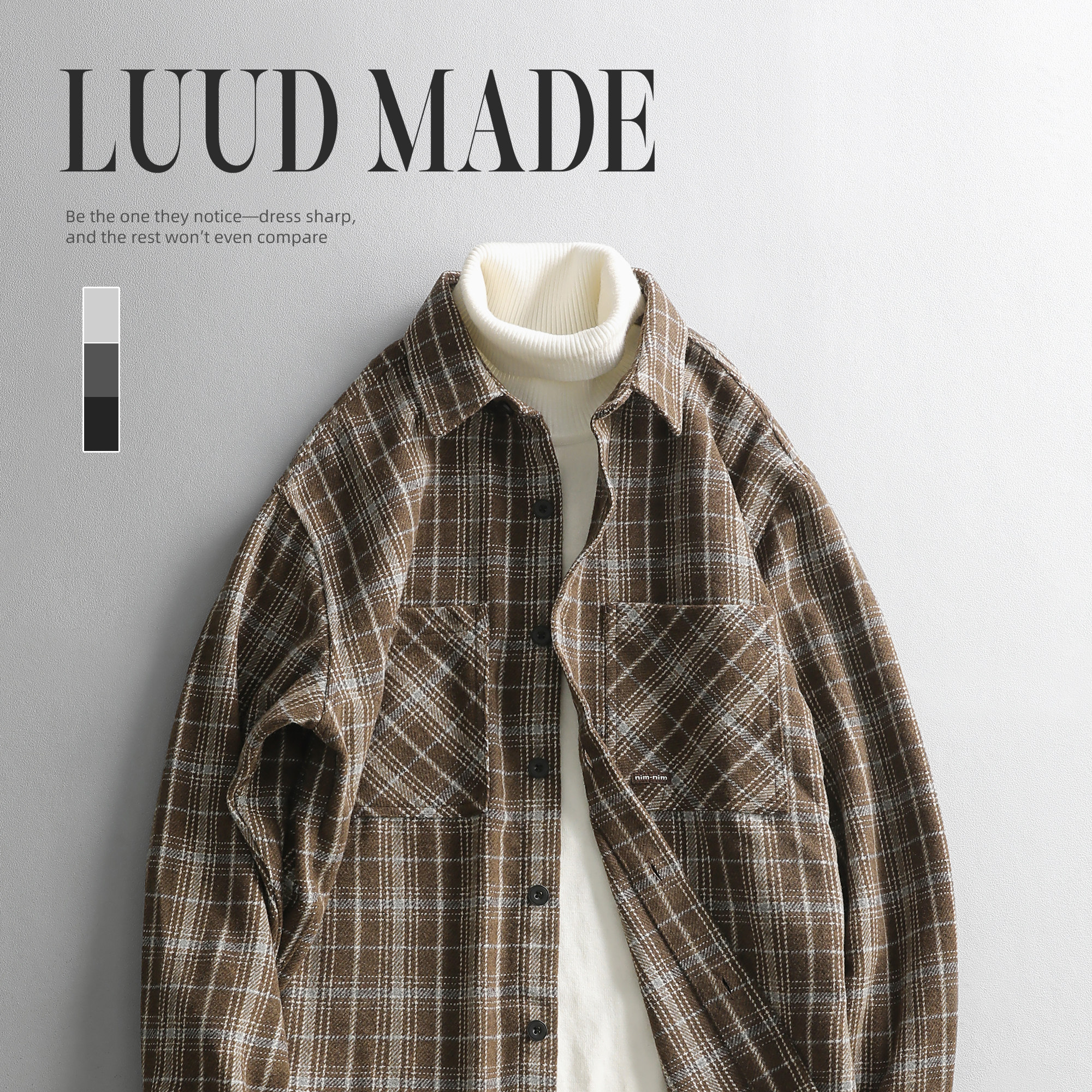 LUUD 格子撞色衬衫男冬季潮流翻领长袖羊毛衬衣复古叠穿毛呢外套,男装,衬衫,淘宝优惠券,粉丝福利购,淘宝优惠卷