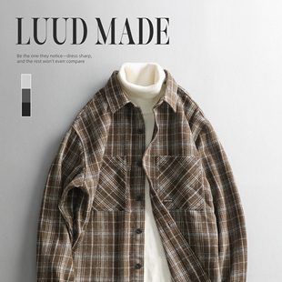 LUUD 格子撞色衬衫男冬季潮流翻领长袖羊毛衬衣复古叠穿毛呢外套