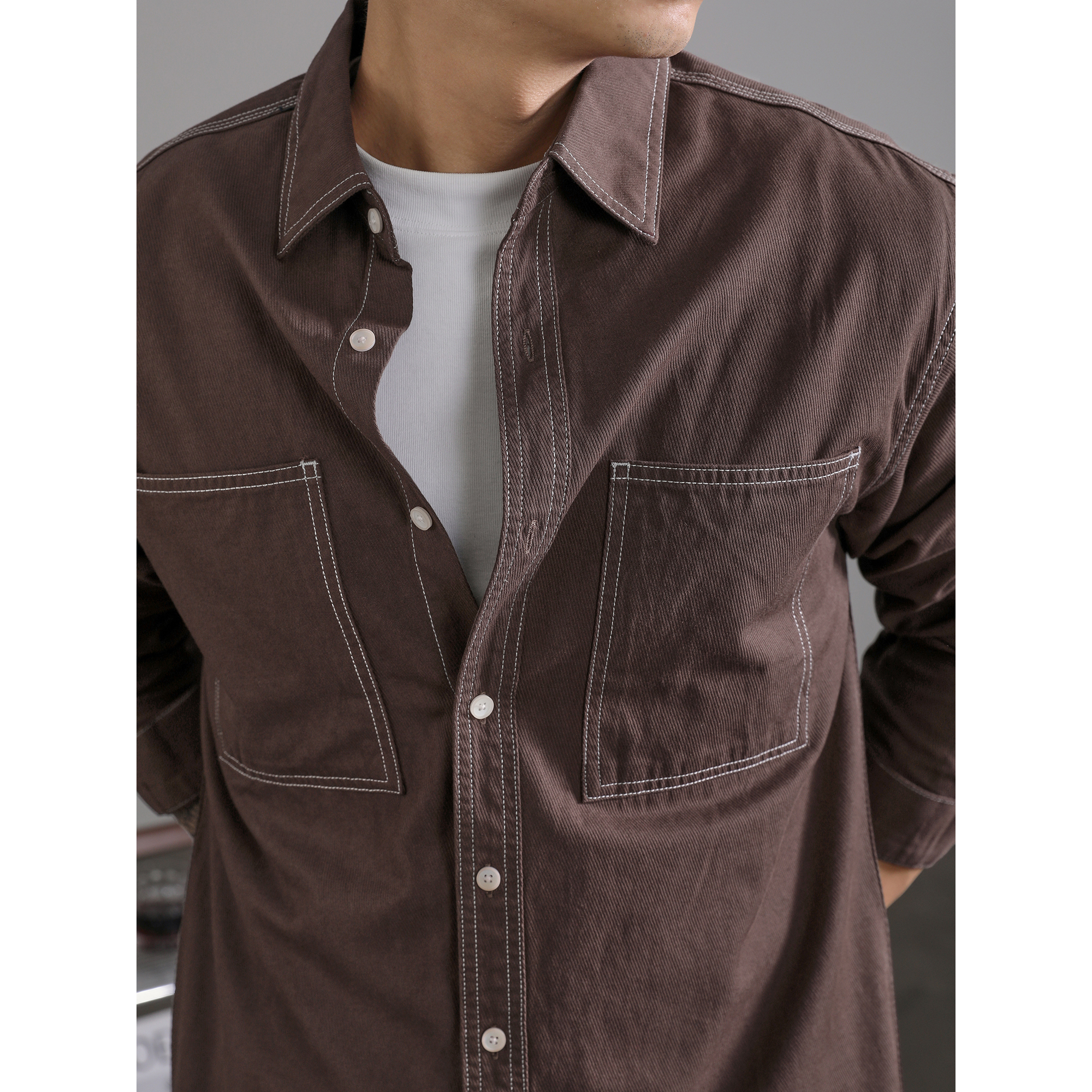 LUUD 褐红色长袖衬衫外套男开衫纯棉休闲明辑线廓形百搭工装衬衣