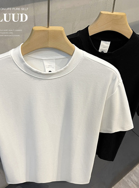 LUUD 小立领高级感黑白色短袖男士长绒棉修身半袖T恤打底小衫上衣